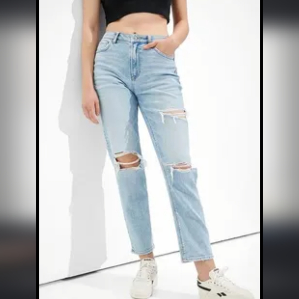 ❤️ AMERICAN EAGLE HIGH RISE MOM STRAIGHT DISTRESSED JEANS, 0 (25)